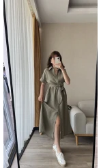 Premium Kuşaklı Keten Haki Elbise