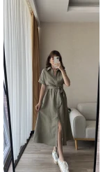 Premium Kuşaklı Keten Haki Elbise