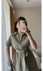 Premium Kuşaklı Keten Haki Elbise