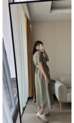 Premium Kuşaklı Keten Haki Elbise