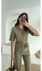 Premium Kuşaklı Uzun Tulum - Haki