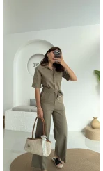 Premium Kuşaklı Uzun Tulum - Haki