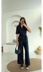 Premium Kuşaklı Uzun Tulum - Lacivert