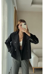 Premium Lin Siyah Kısa Trençkot