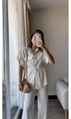 Premium Marva Gömlek Pantolon Takım Krem