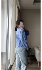 Premium Mavi Çizgili Gömlek&Crop