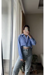 Premium Mavi Çizgili Gömlek&Crop