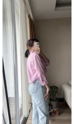 Premium Pembe Çizgili Gömlek&Crop