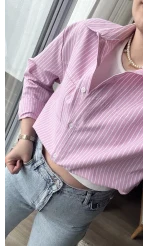 Premium Pembe Çizgili Gömlek&Crop