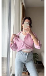 Premium Pembe Çizgili Gömlek&Crop
