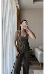 Premium Saten Yelekli Takım Haki Rengi