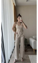 Premium Saten Yelekli Takım Krem Rengi