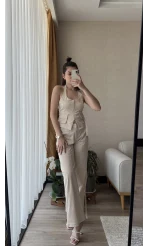 Premium Saten Yelekli Takım Krem Rengi