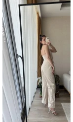 Premium Saten Yelekli Takım Krem Rengi