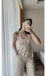 Premium Saten Yelekli Takım Krem Rengi