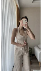 Premium Saten Yelekli Takım Krem Rengi