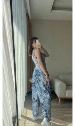 Premium Tasarım Mavi Çiçekli Kargo Cepli Takım