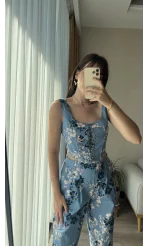 Premium Tasarım Mavi Çiçekli Kargo Cepli Takım