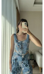 Premium Tasarım Mavi Çiçekli Kargo Cepli Takım