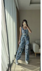 Premium Tasarım Mavi Çiçekli Kargo Cepli Takım