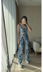 Premium Tasarım Mavi Çiçekli Kargo Cepli Takım