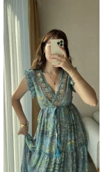 Premium Tasarım Uzun Elbise Kolsuz Model Mavi