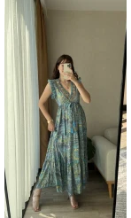 Premium Tasarım Uzun Elbise Kolsuz Model Mavi
