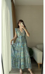 Premium Tasarım Uzun Elbise Kolsuz Model Mavi