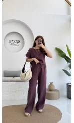 Premium Tensel Bluz Pantolon Takım - Bordo - 51163