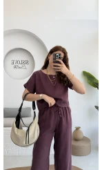 Premium Tensel Bluz Pantolon Takım - Bordo - 51163