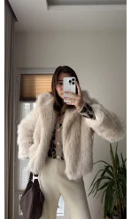 Premium Yakalı Kürk Krem