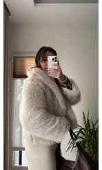 Premium Yakalı Kürk Krem