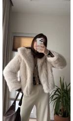 Premium Yakalı Kürk Krem