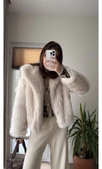 Premium Yakalı Kürk Krem