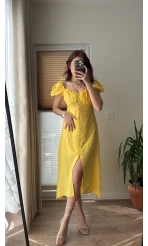 Prenses Yaka Sarı Astarlı Elbise