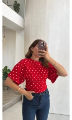 Puantiye Desenli Beli Büzgülü T-Shirt - Kırmızı - Kod: 1105