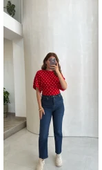 Puantiye Desenli Beli Büzgülü T-Shirt - Kırmızı - Kod: 1105