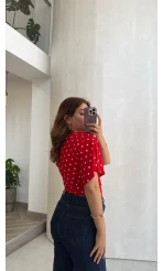 Puantiye Desenli Beli Büzgülü T-Shirt - Kırmızı - Kod: 1105