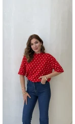 Puantiyeli Sırtı Kalp Detay T-Shirt - Kırmızı - Kod: 1113