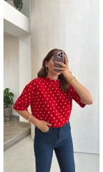 Puantiyeli Sırtı Kalp Detay T-Shirt - Kırmızı - Kod: 1113