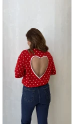 Puantiyeli Sırtı Kalp Detay T-Shirt - Kırmızı - Kod: 1113