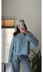 Puffy Kumaş Kayık Yaka Mavi