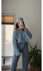 Puffy Kumaş Kayık Yaka Mavi