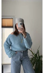 Puffy Kumaş Kayık Yaka Mavi