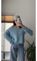 Puffy Kumaş Kayık Yaka Mavi