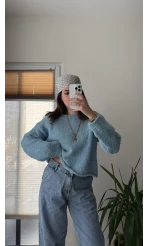 Puffy Kumaş Kayık Yaka Mavi