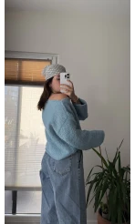 Puffy Kumaş Kayık Yaka Mavi