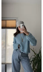 Puffy Kumaş Kayık Yaka Mavi