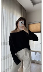 Puffy Kumaş Kayık Yaka Siyah