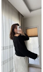 Puffy Kumaş Kayık Yaka Siyah